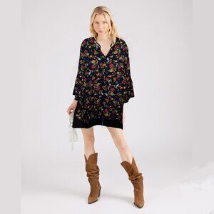 JOHNNY WAS WORKSHOP Navy Floral Velvet Mix Tunic Dress Sz L Silk/Rayon Hem